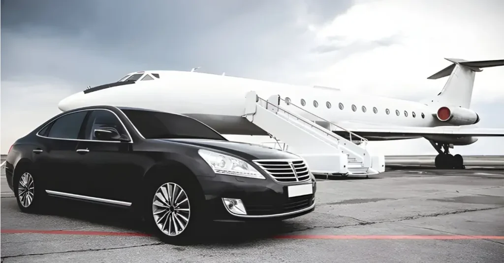 Private jet is parked on the airport runway with its door open and a black luxury car in front.